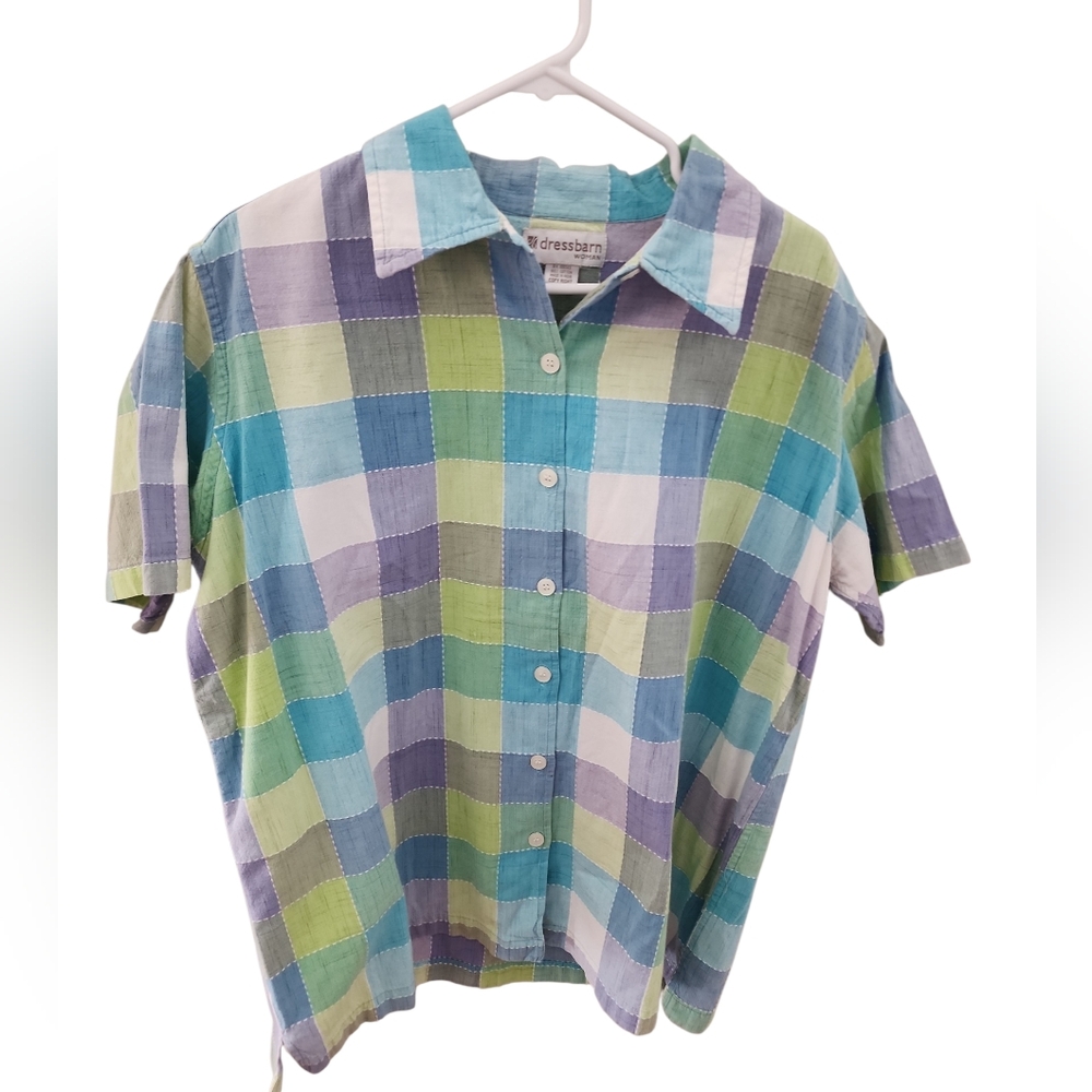 Dressbarn Pastel Spring Plaid Gingham Button Up Cotton Shirt 1x